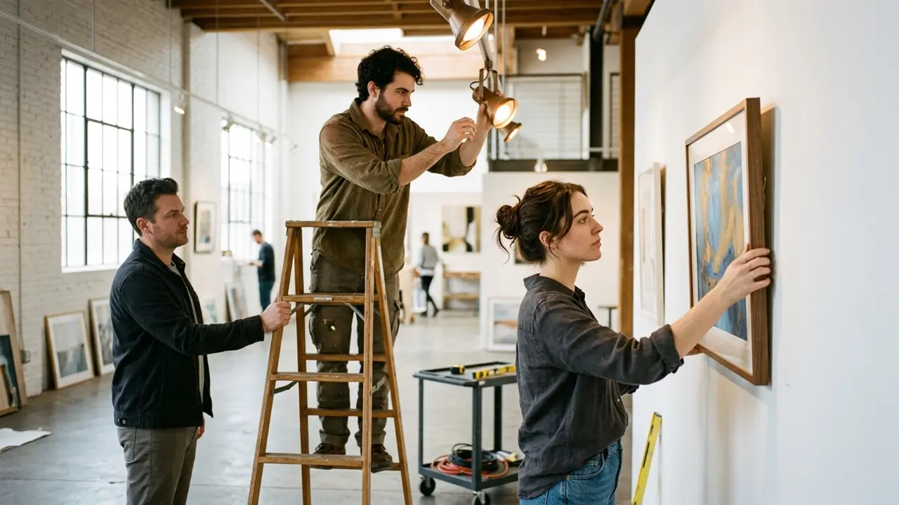 Équipe de médiateurs installant un atelier d'arts plastiques le long du canal à Sète